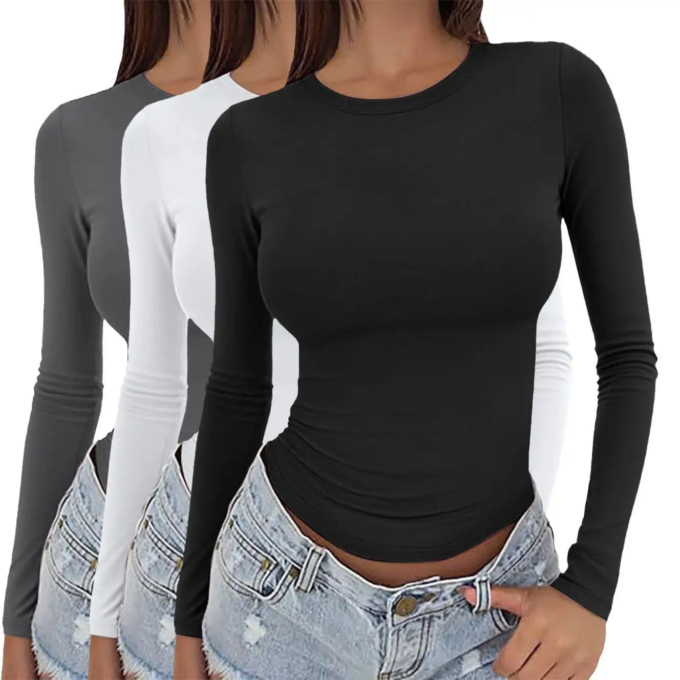 Women's Longsleeve Fitted Polyester Blend Round Neck Minimalist Casual Streetwear Basic Layering Clothes, Longsleeves