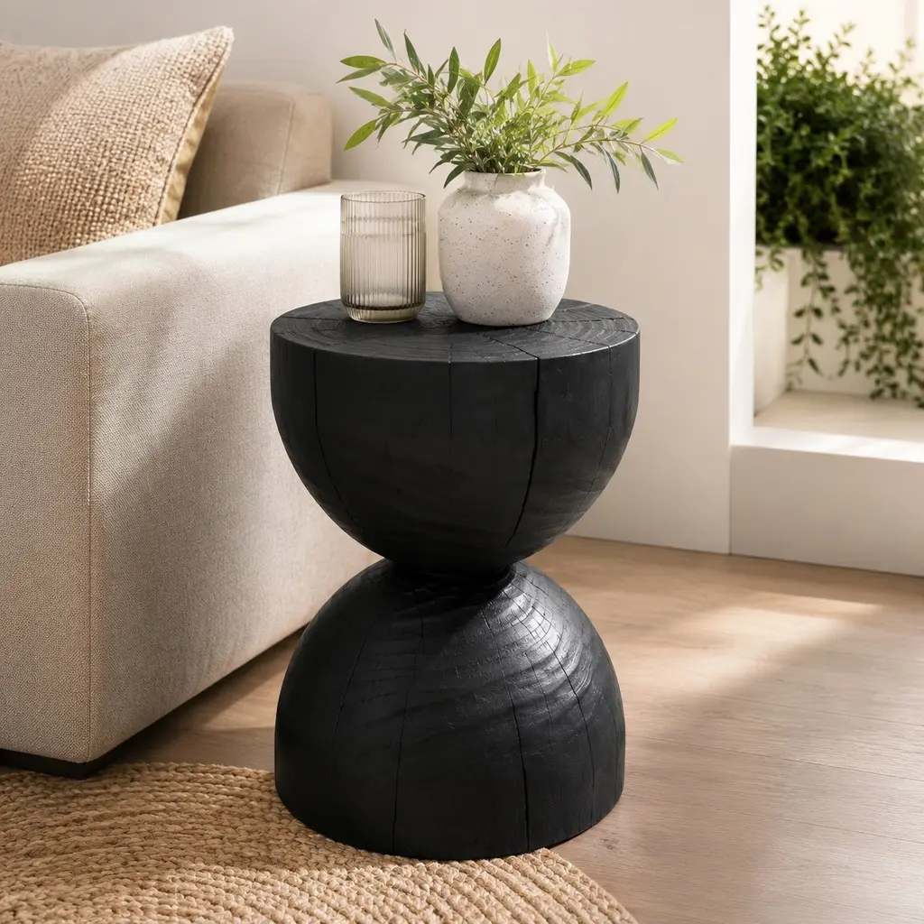 Rustic Fully Assembled Solid Mango Wood Round Side Table - Black, 12.2x18.11in Compact Accent Piece with Display Surface, Cracked Burnt Vintage Plant Stand for Living Room & Bedroom