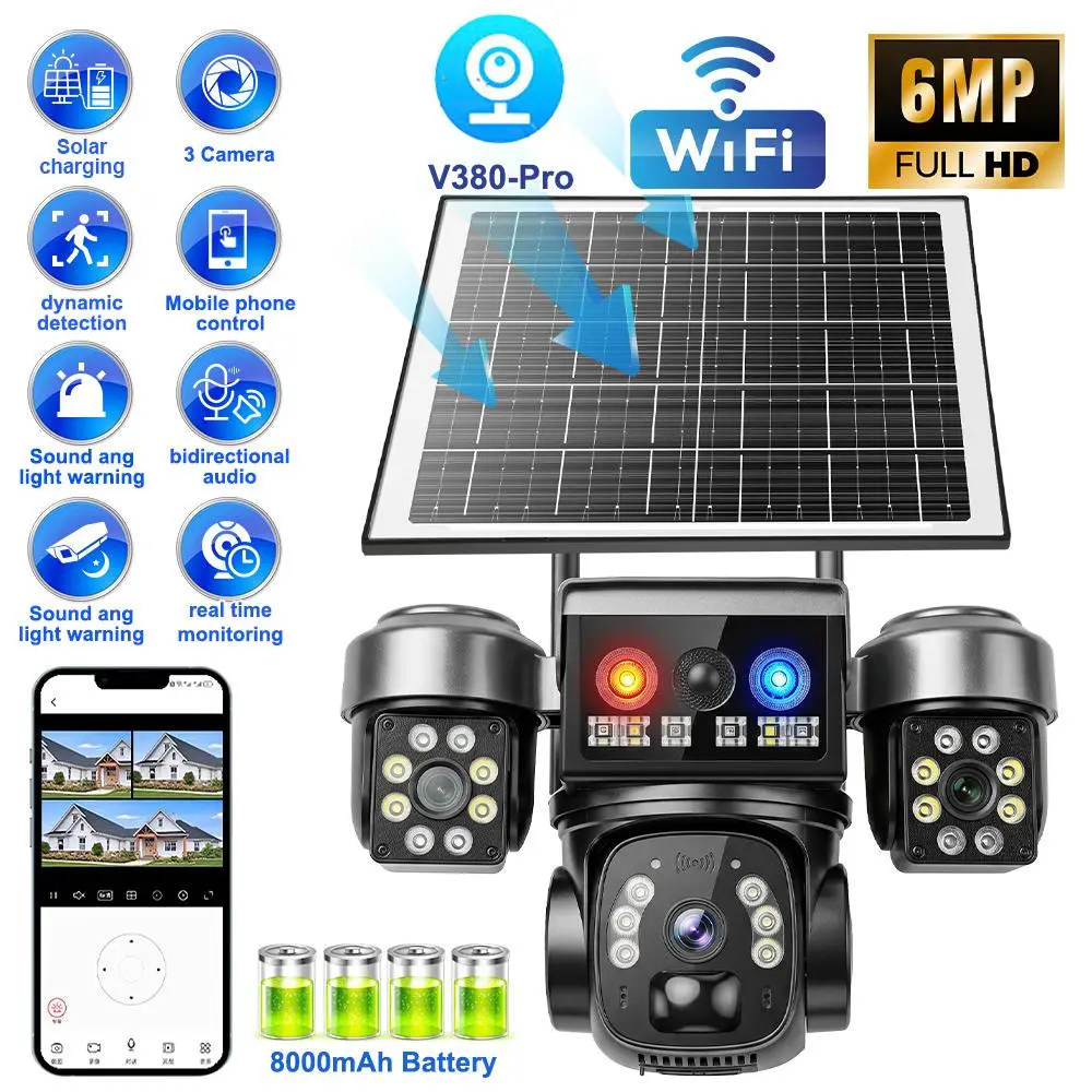 4K Solar Wireless Security Camera | Triple Lens, 355° Wide-Angle, Motion Detection, 2-Way Audio, 2.4G WiFi, Audio Alarm, Mobile Remote Access, Ideal for Home Security