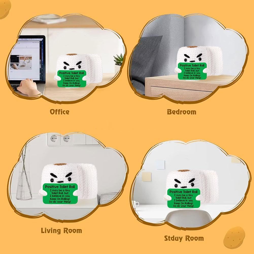 Super cute hand knitted positive toilet paper roll doll with inspirational vibes! Unique funny decor for bedroom, office and desk, a creative gag gift for women, men and friends. Small and amusing, it lifts mood instantly with its cheerful positive energy