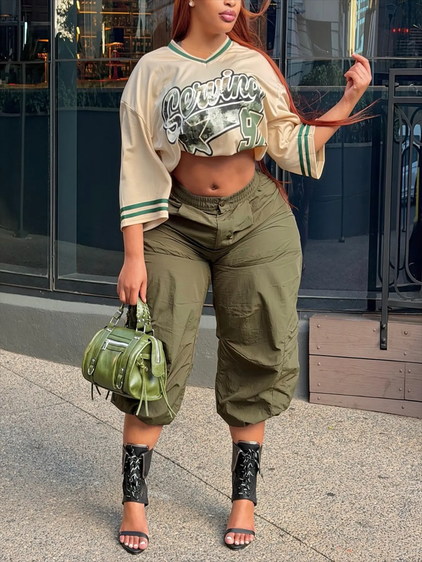 Women's Army Plain Workwear Pants, Street Fashion Casual Multi-Pocket Capri Cropped, Loose-Fit Wide Leg Harem Pants for Spring & Fall