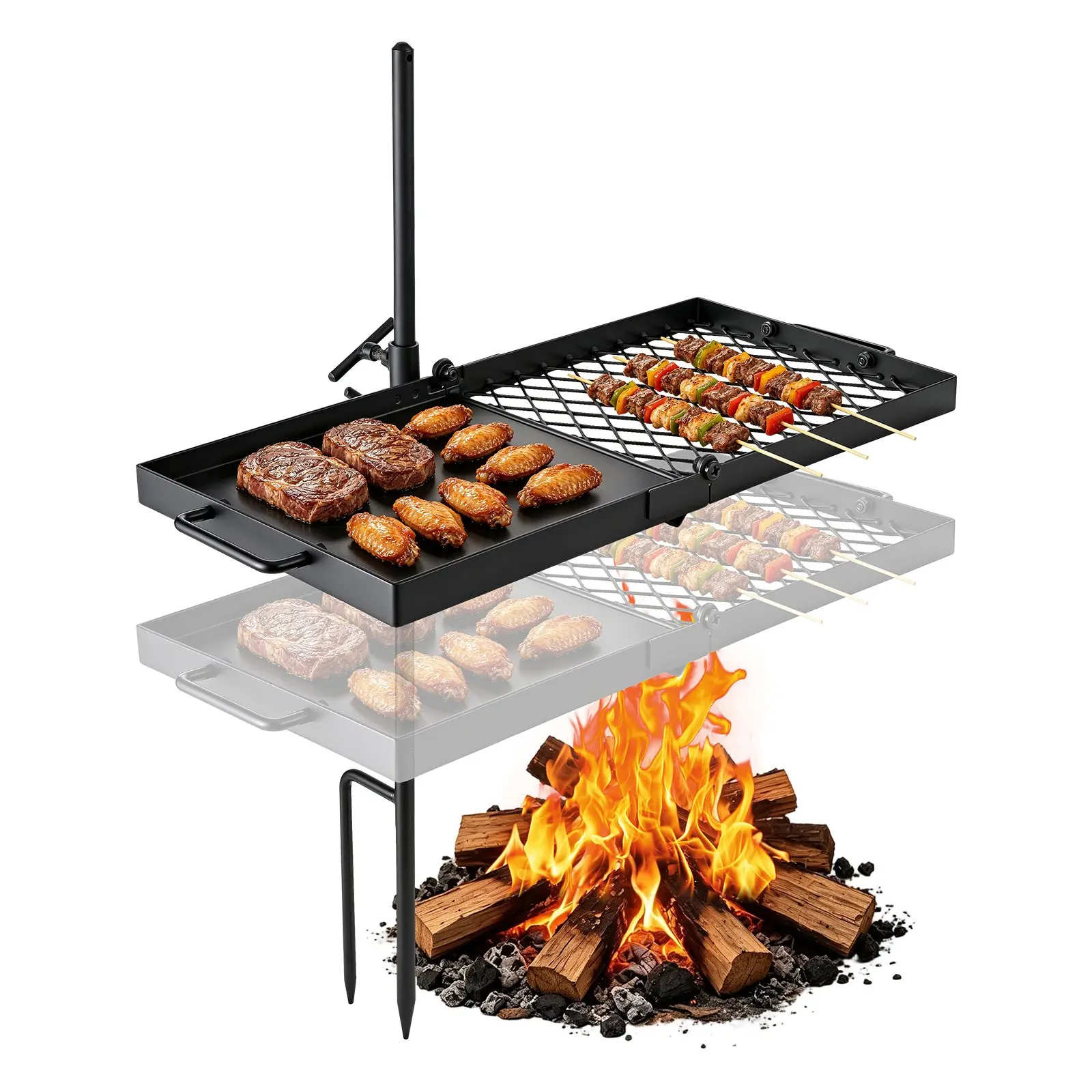 VEVOR Heavy Duty Swivel Campfire Grill, 24" Portable Camping Grill Grate Griddle, Sturdy Steel BBQ Mesh, 360 Height Adjustable Over Fire Pit Equipment, for Outdoor Open Flame Cooking, Black