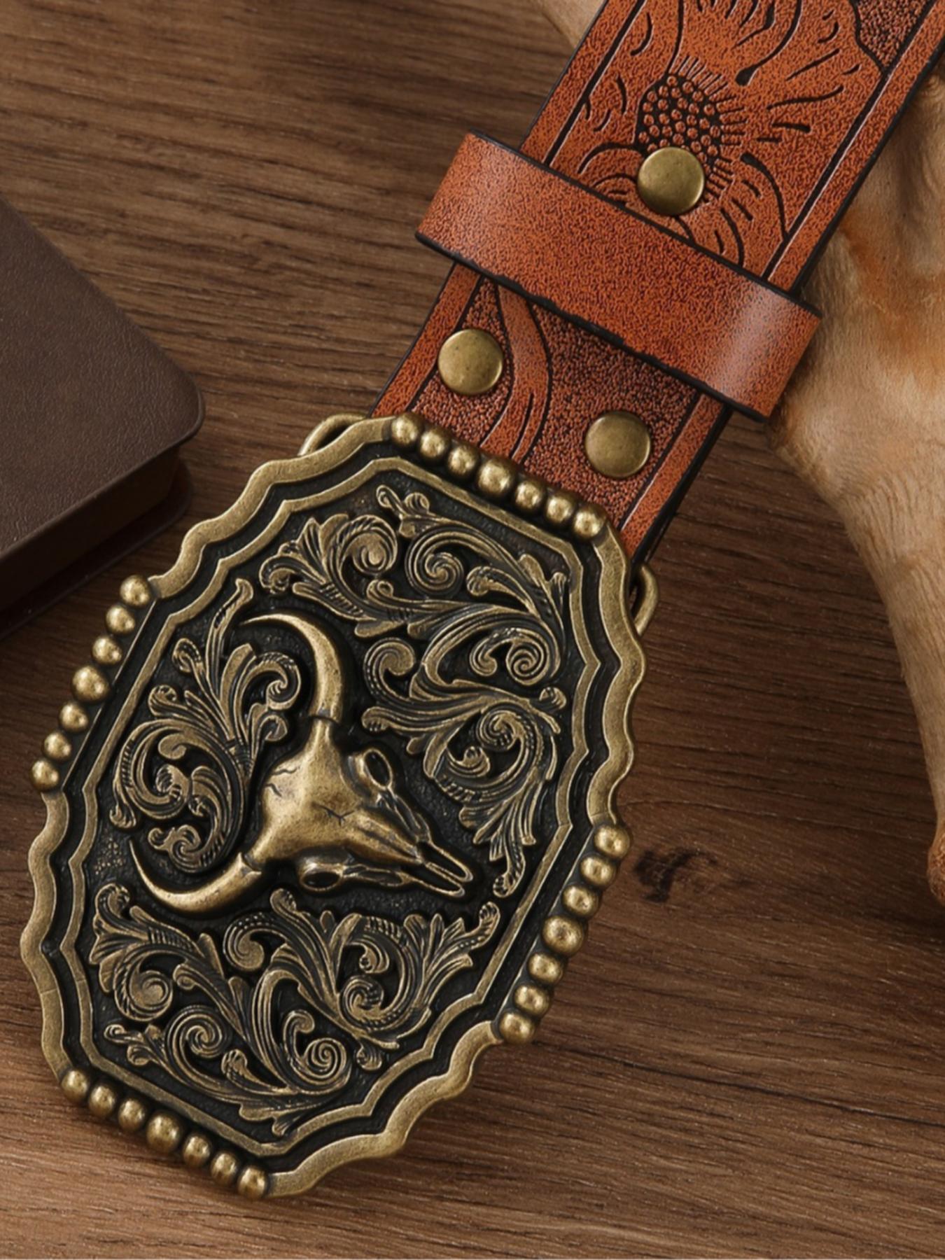 Boho Style Vintage Western Belt, Fashionable Ethnic Pattern Embossed Belt Buckle for Women & Men, Trendy All-match & Exquisite Belt for Birthday Gift
