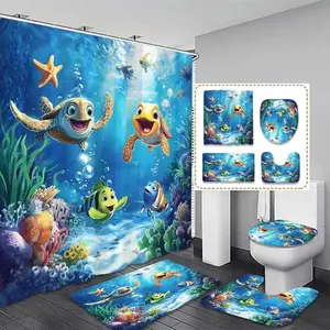 Cartoon Undersea World Pattern Bathroom Accessories, Printed Shower Curtain Set, 1 Shower Curtain & 1 Toilet Lid Cover & 1 Rectangular Mat & 1 U-shaped Mat, Bathroom Decor Supplies