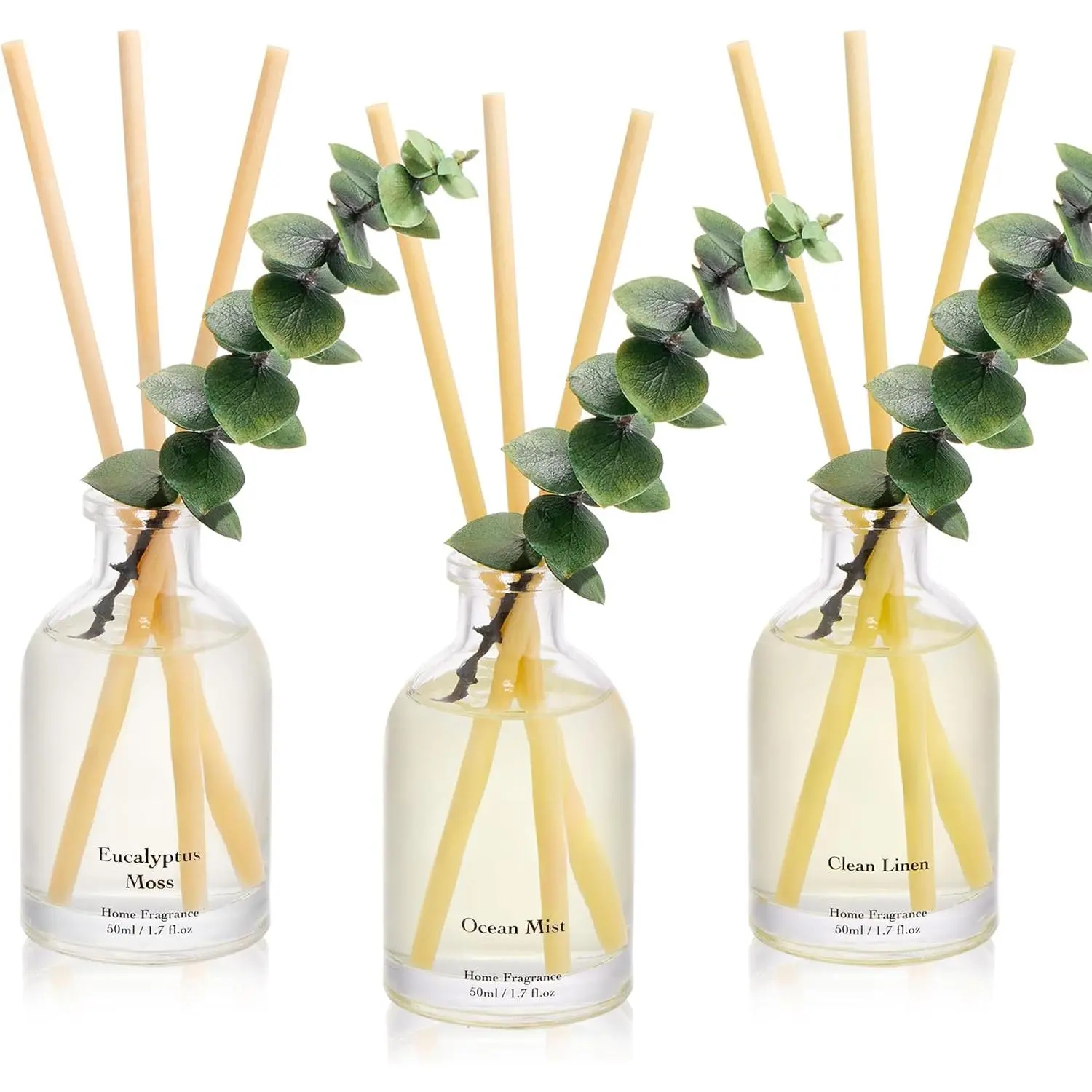 Eucalyptus Reed Diffuser Set of 3 - Eucalyptus & Moss, Clean Linen, Ocean Mist Scents, 1.7 fl oz Each, Total 5.1 oz, Scented Oil Diffusers for Home & Office