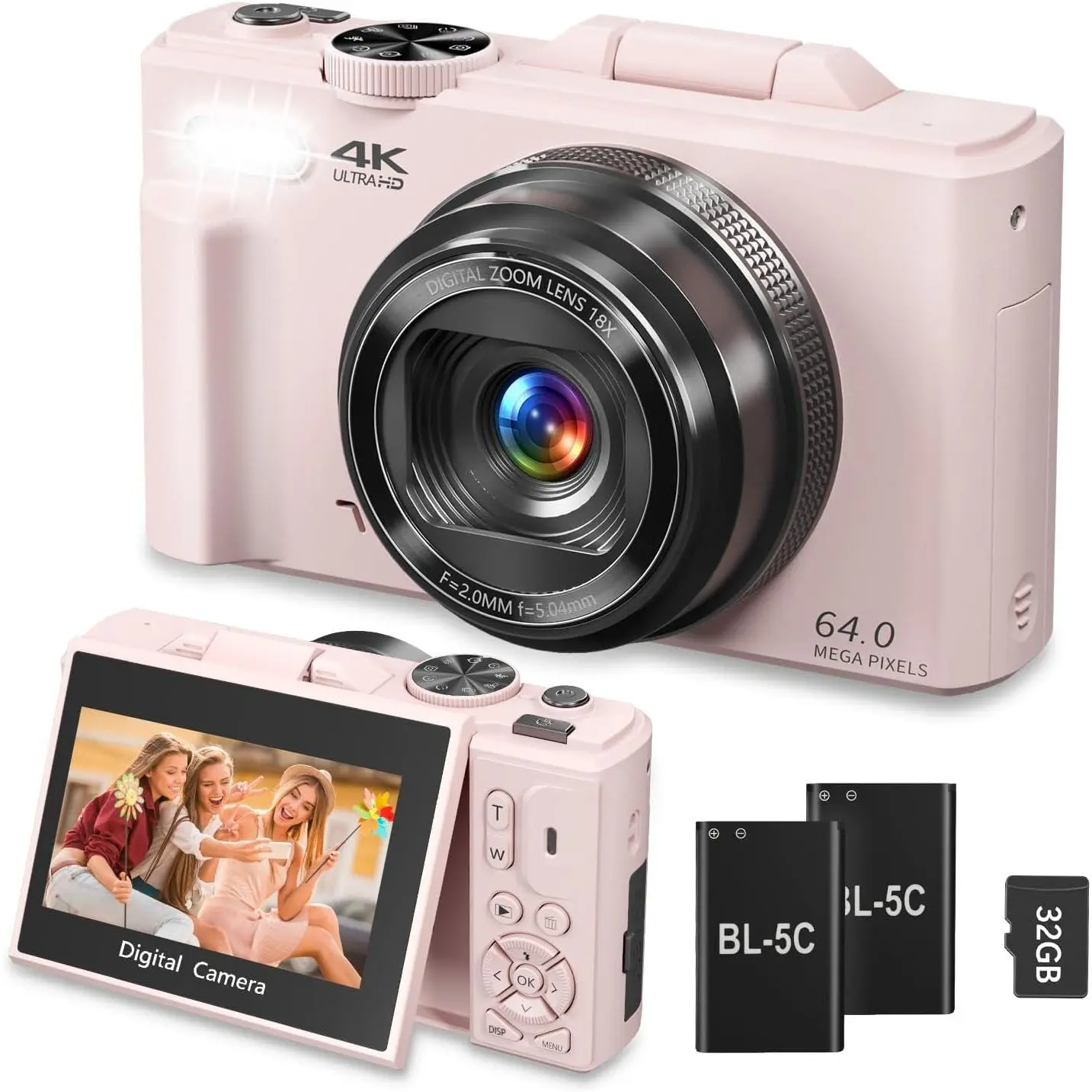 4K Digital Camera for Photography, 64MP Vlogging Camera for YouTube, WiFi Vlog Cameras with 18X Digital Zoom, 3'' Flip Screen and 32GB TF Card,