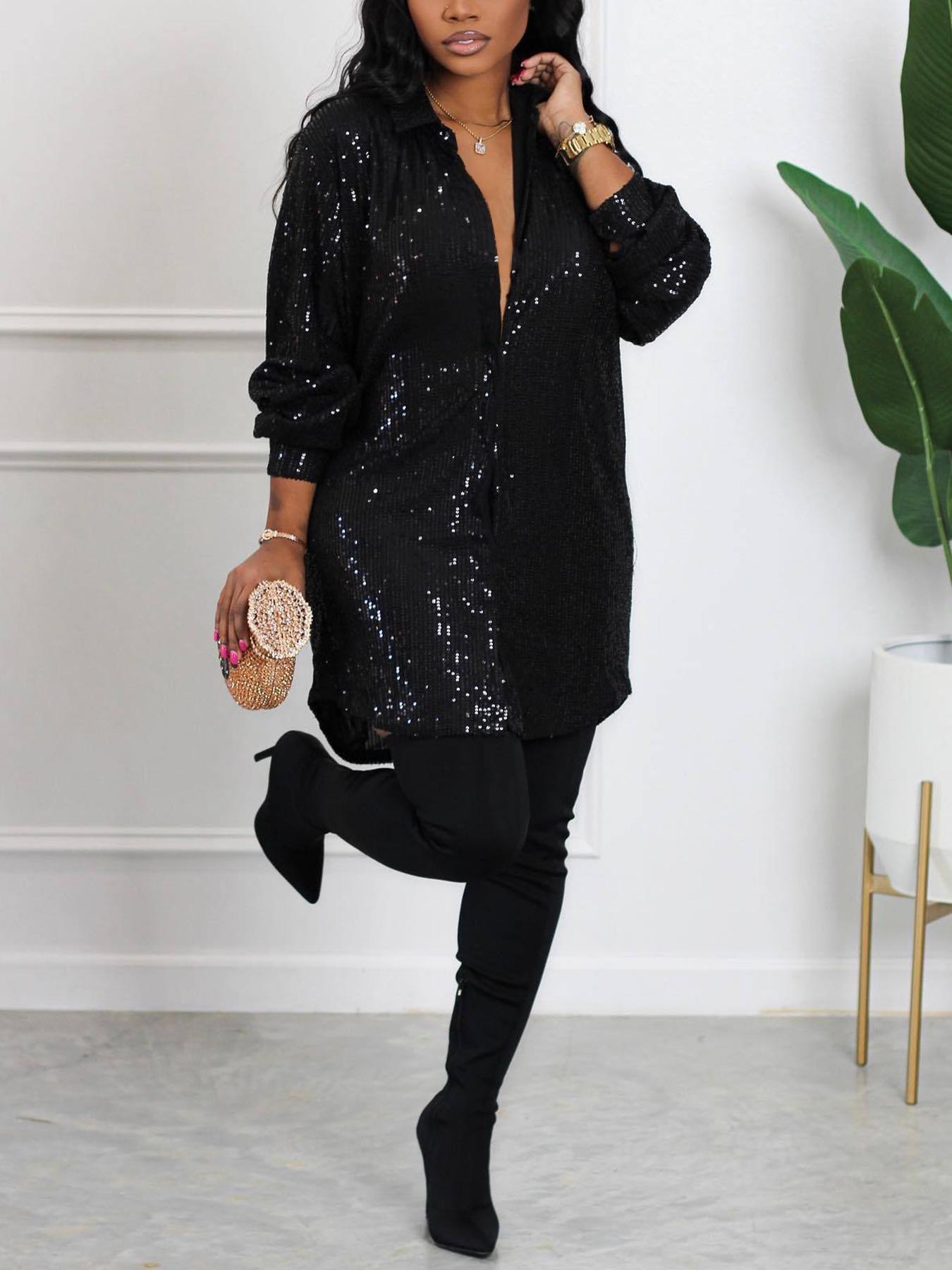 Plus Size Glitter Sequin Drop Shoulder Shirt Dress, Elegant Long Sleeve Button Front Dress for Spring & Fall, Women's Clothes for Party Holiday Vacation