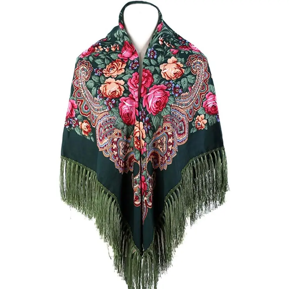 Women's Traditional Scarf Wrap Tassel Fringes   Shawl Retro Scarf Floral Poncho Printing Square Cape 50inch
