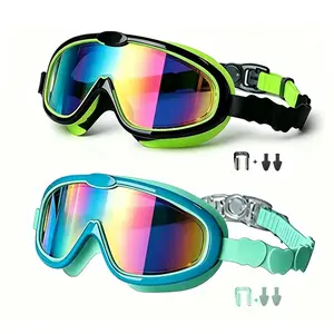 2 Pack Youth Swim Goggles, Full Seal Waterproof Anti-Fog UV Protection Swimming Glasses with Matching Earplugs Nose Clips for Kids 3-15 Boys and Girls