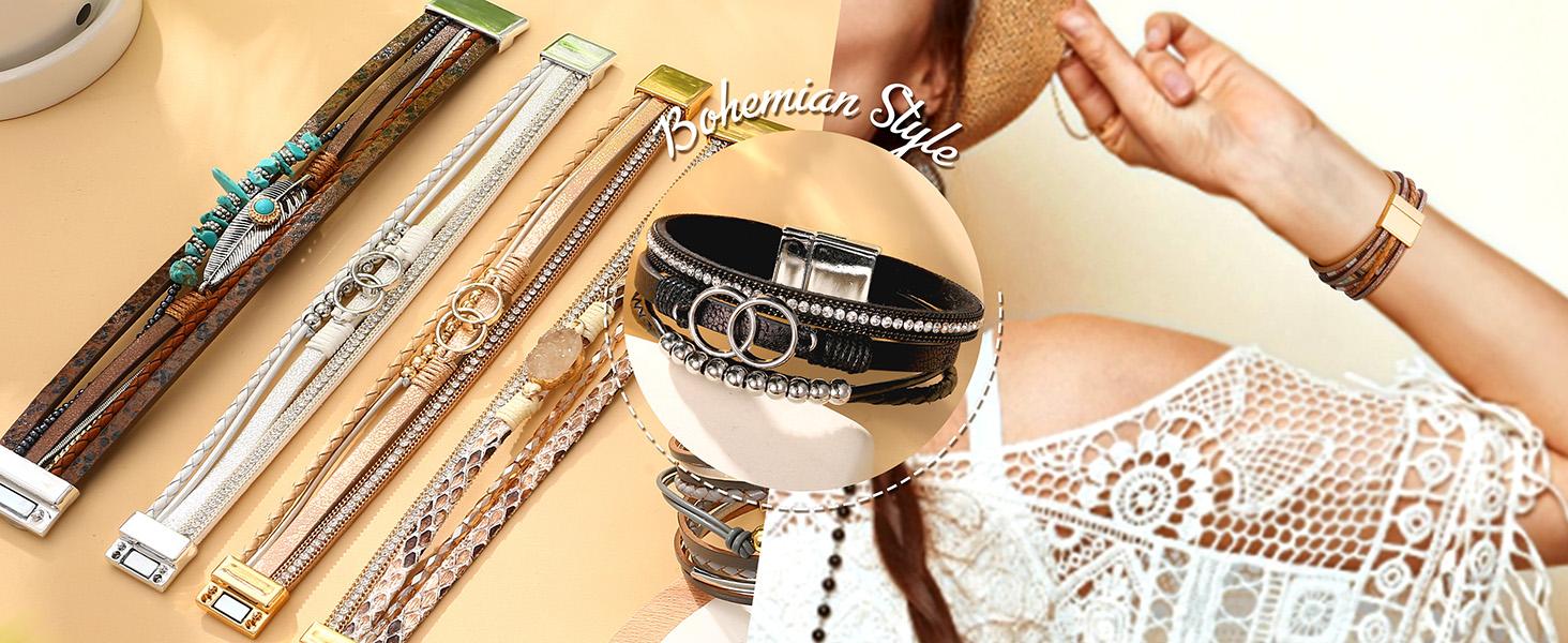 Women’s Leather Wrap Bracelets - Boho Western Cuff Style, Beaded Stackable Design | Gold, Black, Gray Trendy Fashion Accessories