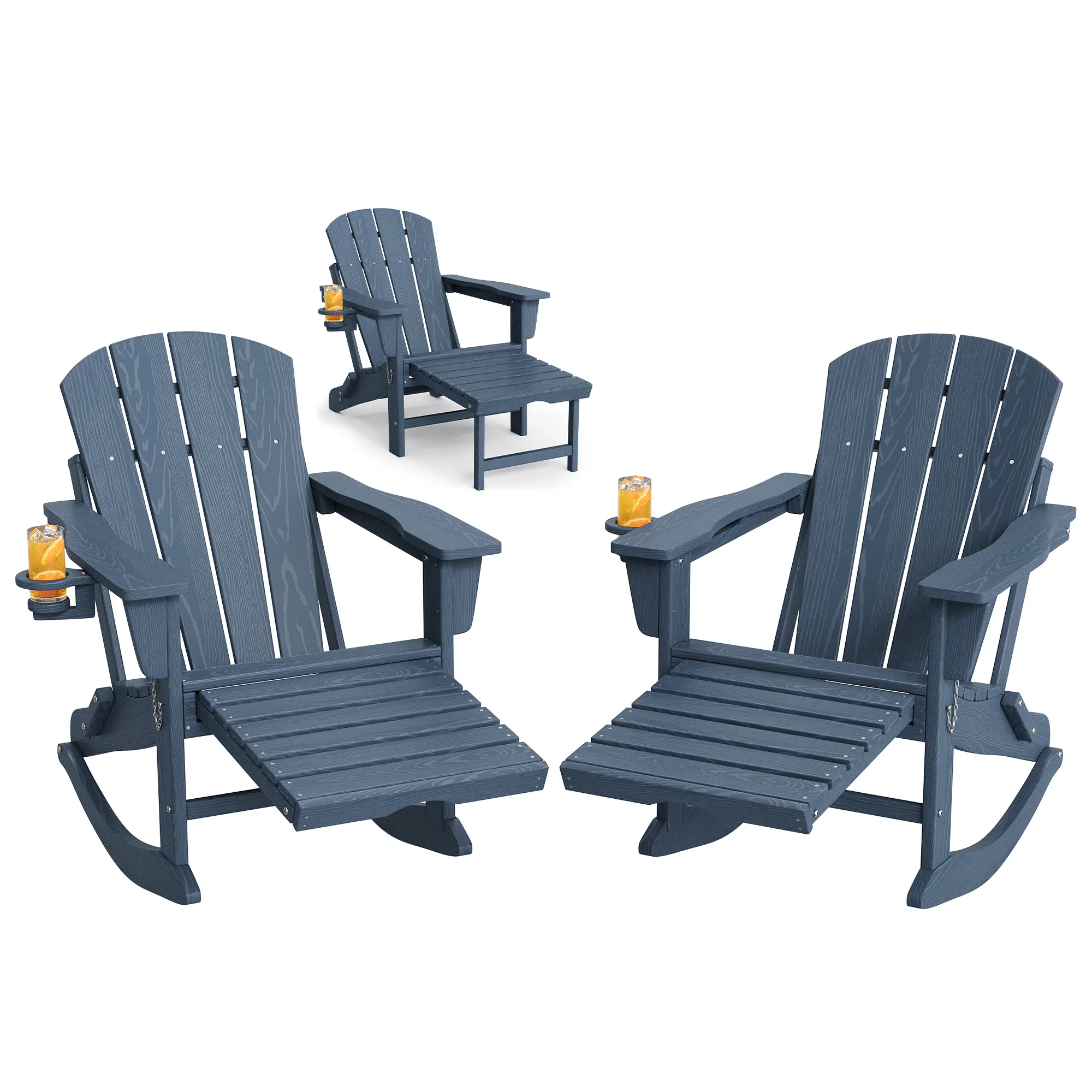 Folding Adirondack Rocking Chair with Retractable Ottoman – All-Weather HDPE Patio Chair – Wood-Look Finish, Cup Holder, collapsible Outdoor Rocker for Garden, Deck, Lawn, Fire Pit – Navy Blue/Black/Brown