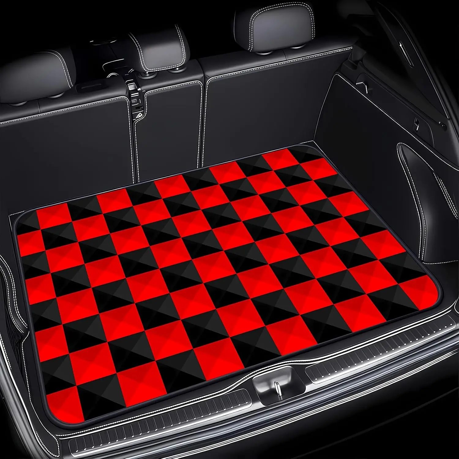 Universal Car Trunk Mat 29" x 39", Trendy Black Red Plaid All Weather Trunk Protection Cargo Liner,Durable Cargo Mat Rear Trunk Liner, Stylish Vehicle Interior Accessories Suitable for Most Car Models