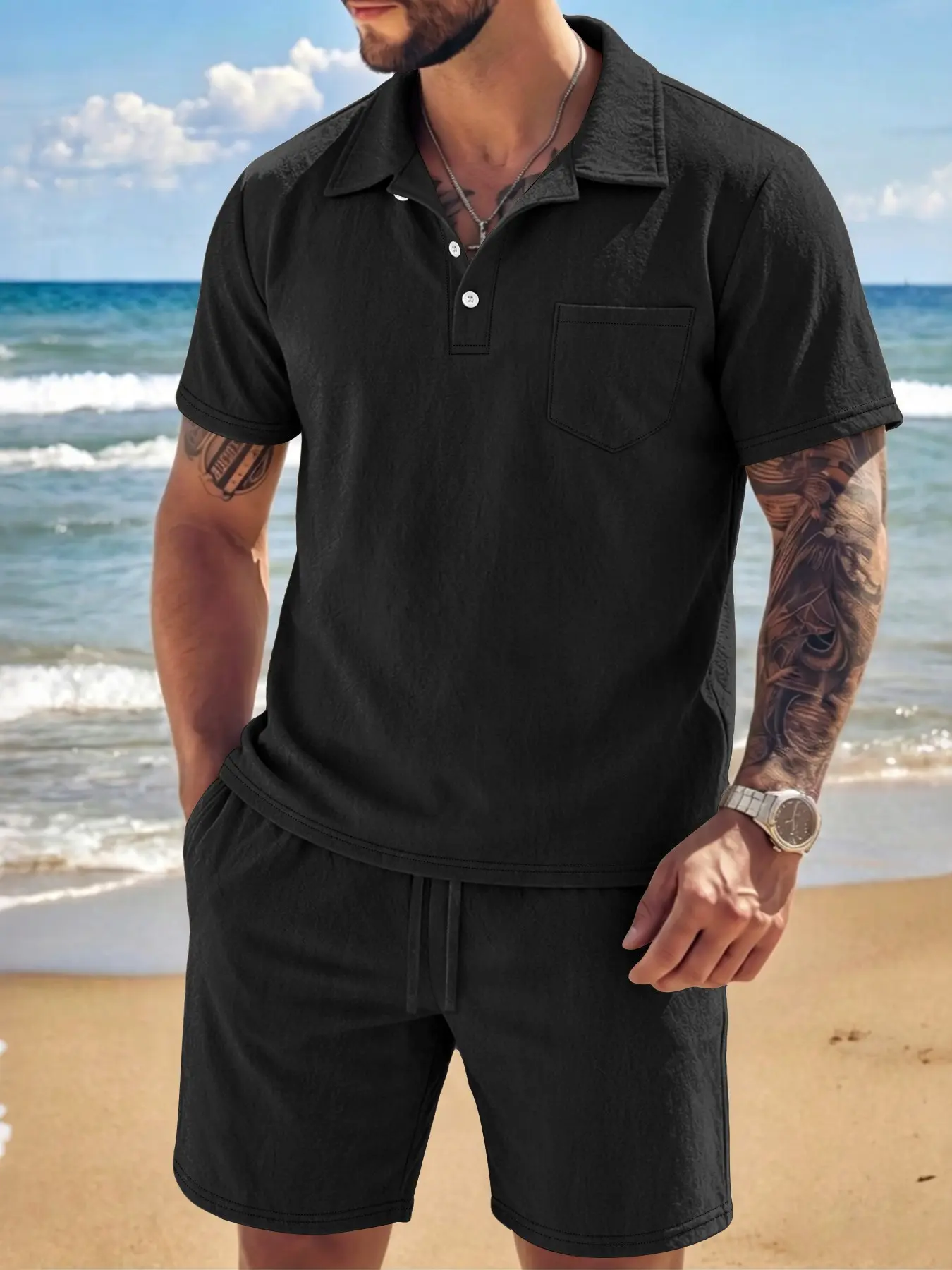 Men's Linen Crinkle Polo Shirt & Shorts Set, Breathable Collared 2 Piece Outfit For Tropical Beach Vacation