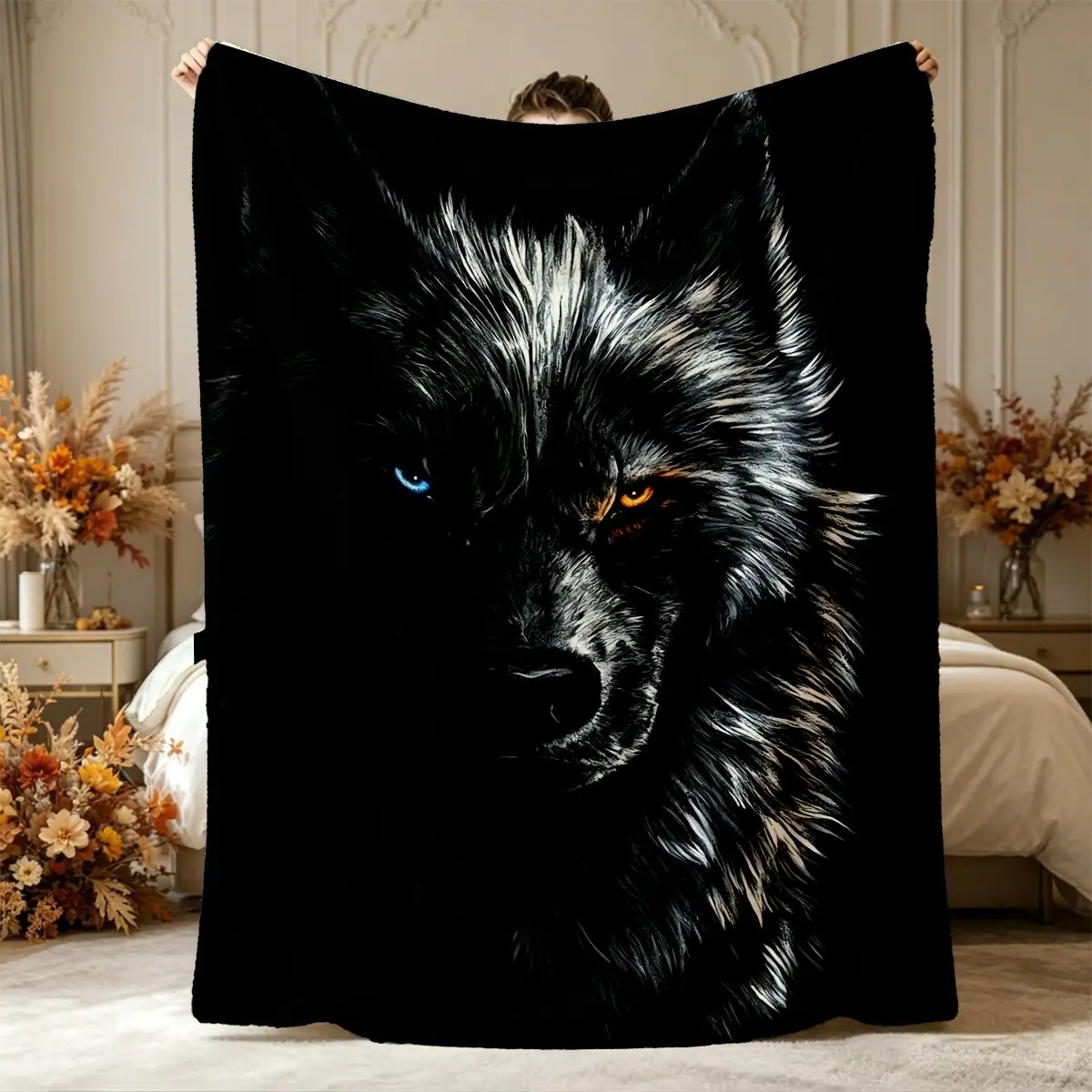 Wolf King Pattern Flannel Blanket, Dark Realistic Oil Painting Style, Soft and Comfortable, Cozy Warm Blanket, Multi-Use Gift Blanket, Flannel Throw Blanket
