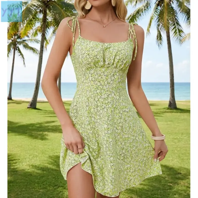 Women's Casual Floral Print Spaghetti-Strap Sleeveless Waist-Cinch A-Line Mini Hem Dress - YYT1 Polyester, Loose Fit, Slimming, Ideal for Vacation, Beach