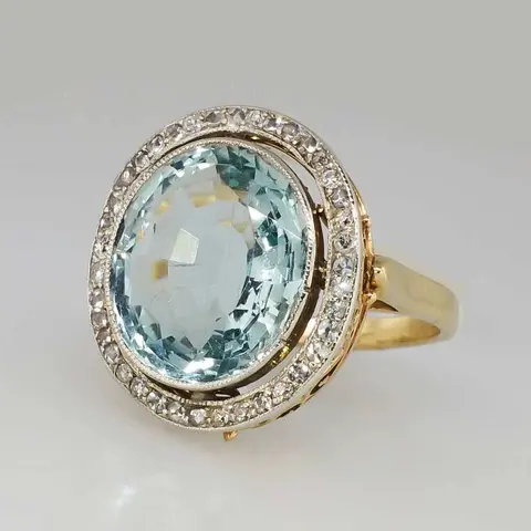 Women's Vintage 18K Gold Plated High Setting Oval Cut Aquamarine Blue Crystal Halo Ring - Art Deco Statement Jewelry, Luxury Cocktail Gift for Anniversaries/Christmas, Beautiful Rings, Halo Setting, Sizes 6-10