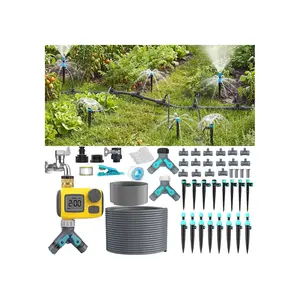 100FT Drip Irrigation System Kit with  Water Timer for Garden, 1/2" High-Flow Mainline Automatic Watering System, 16 count Adjustable Nozzles & Sprays,-Plug Kit for Yard,Lawn Agricultural