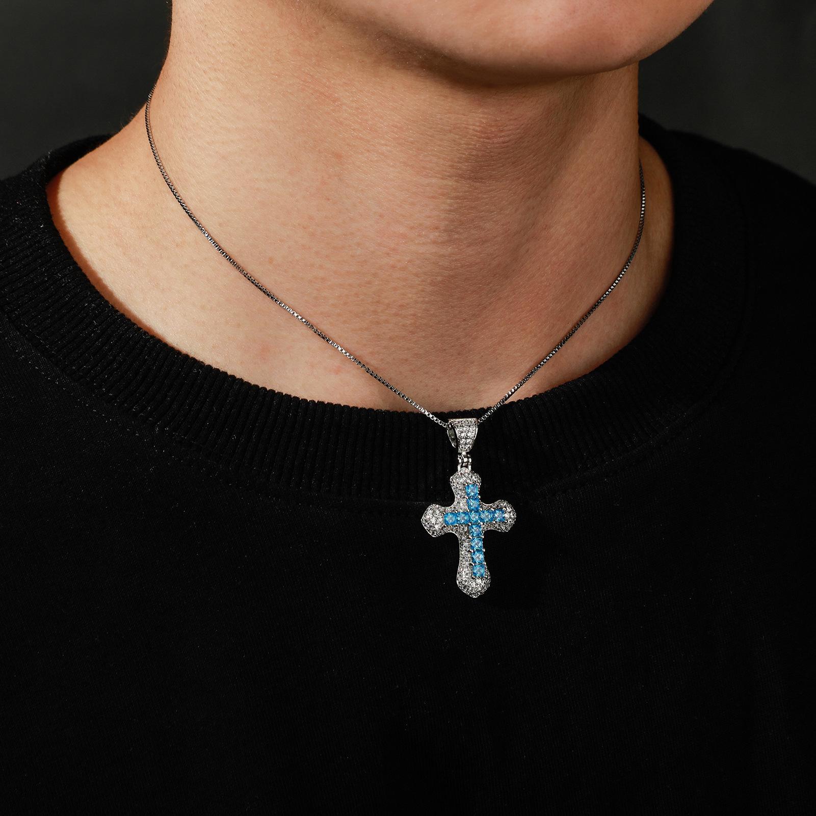 CYL&RY 14K Gold Plated Iced Out Blue CZ Cross Pendant Necklace for Men Women, Hypoallergenic Box Chain, Perfect for Hip Hop Concerts, Church Events, Music Festivals, Club Nights Baddie Aesthetic Urban Street Style