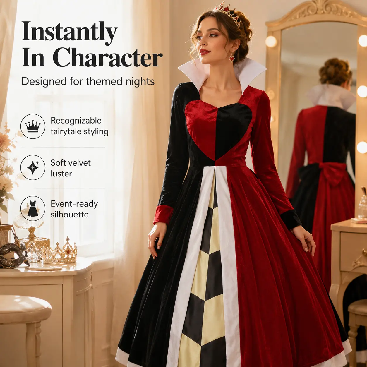 Women's Vintage Red & Black Heart Queen Smooth Velvet Long Dress - Halloween Fairytale Character Cosplay Ball Gown with Matching Accessories Checkered Clothes, Fabric, Long Sleeves, Elegant, Soft
