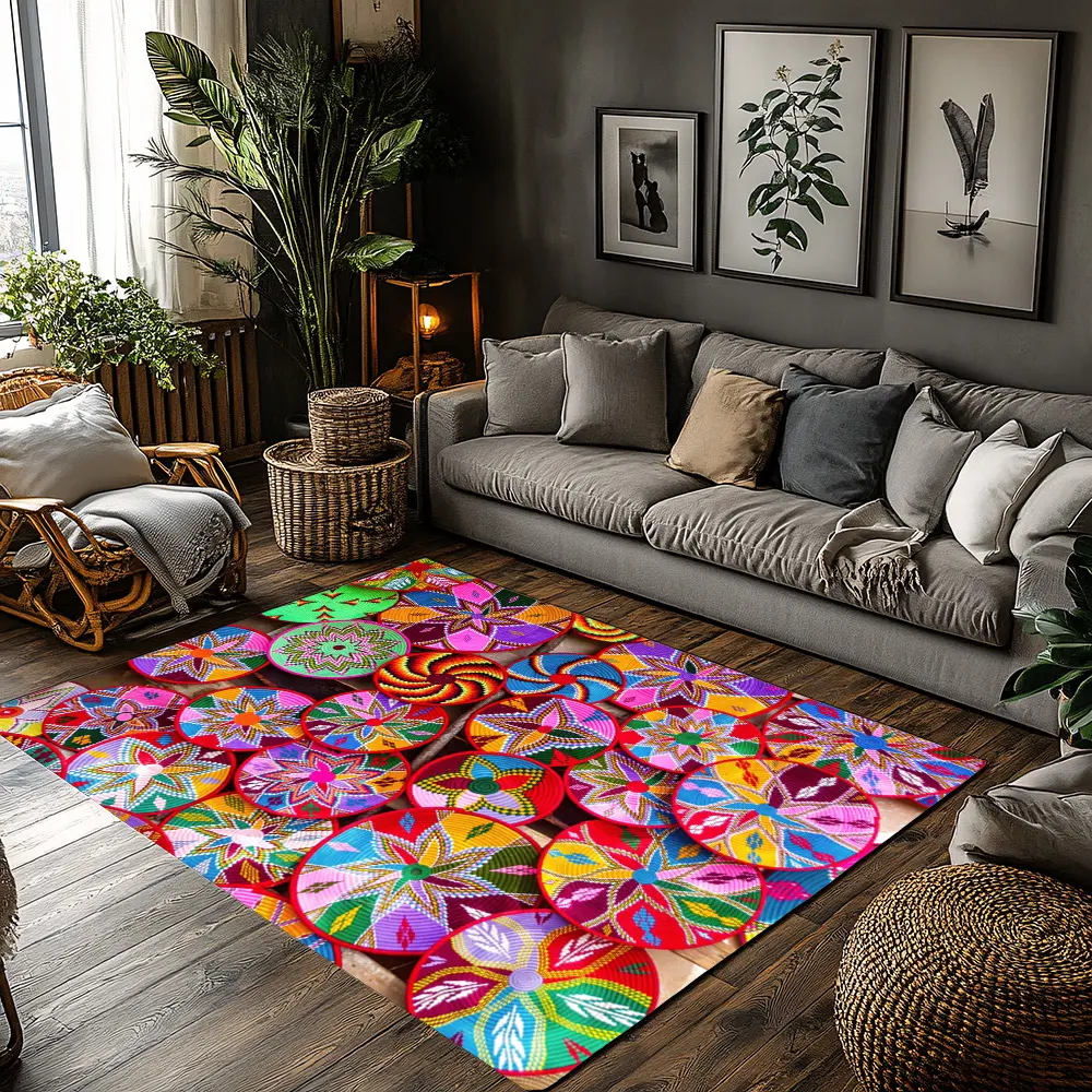 Colorful Mexican Embroidery Crystal Velvet Bohemian Area Rug Boho Rug #BohemianRug #MexicanEmbroideryFloorMat #ColorfulFloralCarpet #CrystalVelvetHomeDecor