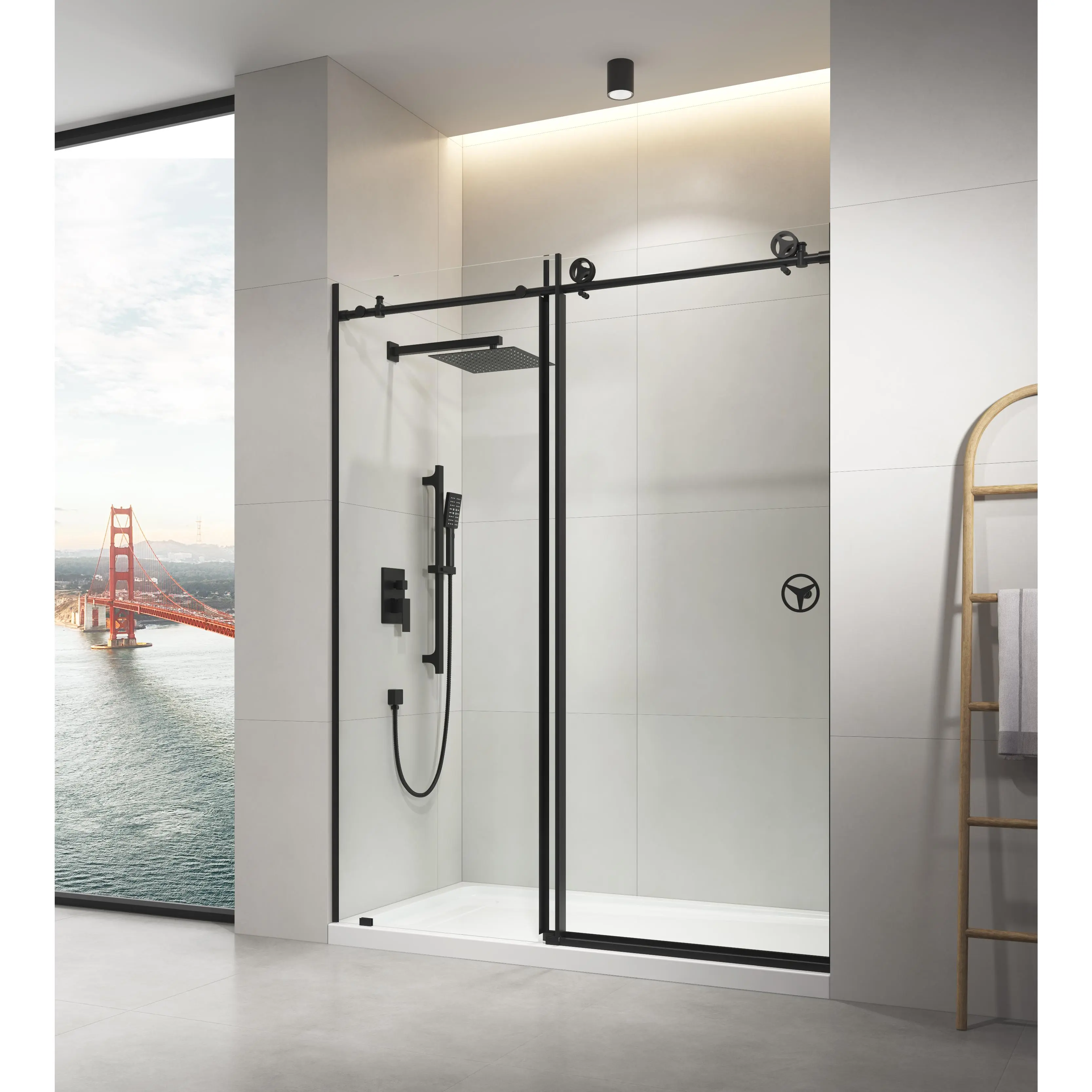 ARCH 60" W x 76" H Sliding Frameless Shower Door Matte Black with Clear Glass, Modern Bathroom Shower Enclosure, Single Sliding Barn Door Style, Tempered Glass, Easy Clean, Space Saving, for Walk-In Shower, Bathroom Renovation, Bathroom Shower Door