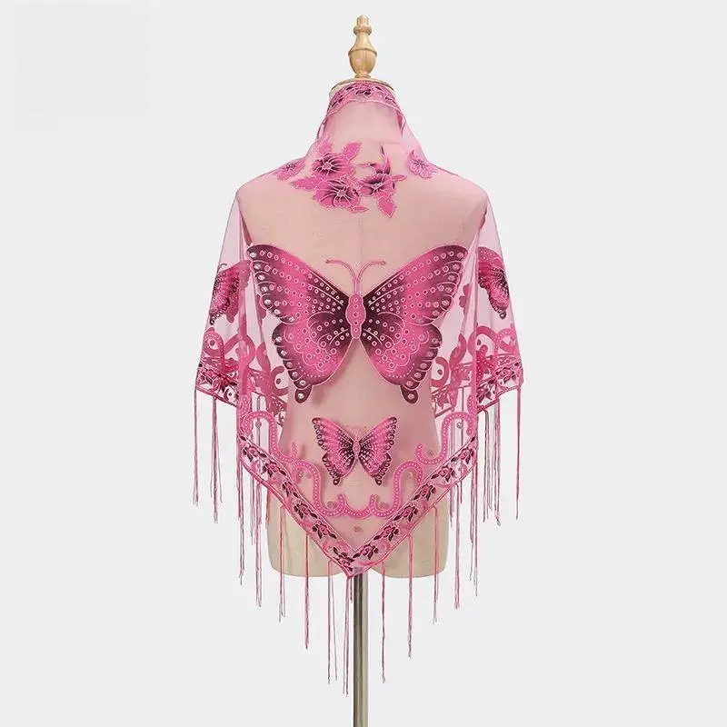 Fashion Floral & Butterfly Print Charms & Twillies - Triangle Scarf with Pink Butterfly Print, Elegant Feminine Lace Shawl with Tassel Fringe, Sheer Mesh Headscarf for Beach & Party, Mesh Fabric, Beach Outings, Lightweight, Female, Boho Shawl, Breathable