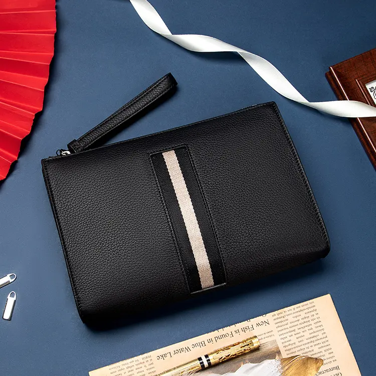 Men's Pebbled Grain Leather Business Clutch Bag - Large Capacity, Minimalist Zipper Design, Wristlet Organizer Wallet - Hand-Sized, Mini, Wrist-Mounted Men's Clutches for Work, Travel