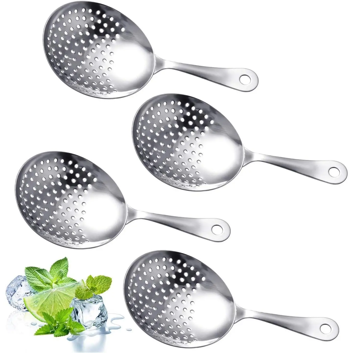 4-Pack Sturdy Stainless Steel Oval Julep Strainers with Hanging Design, Cocktail Strainer Spoons for Shaker Use in Home Bar Kitchen