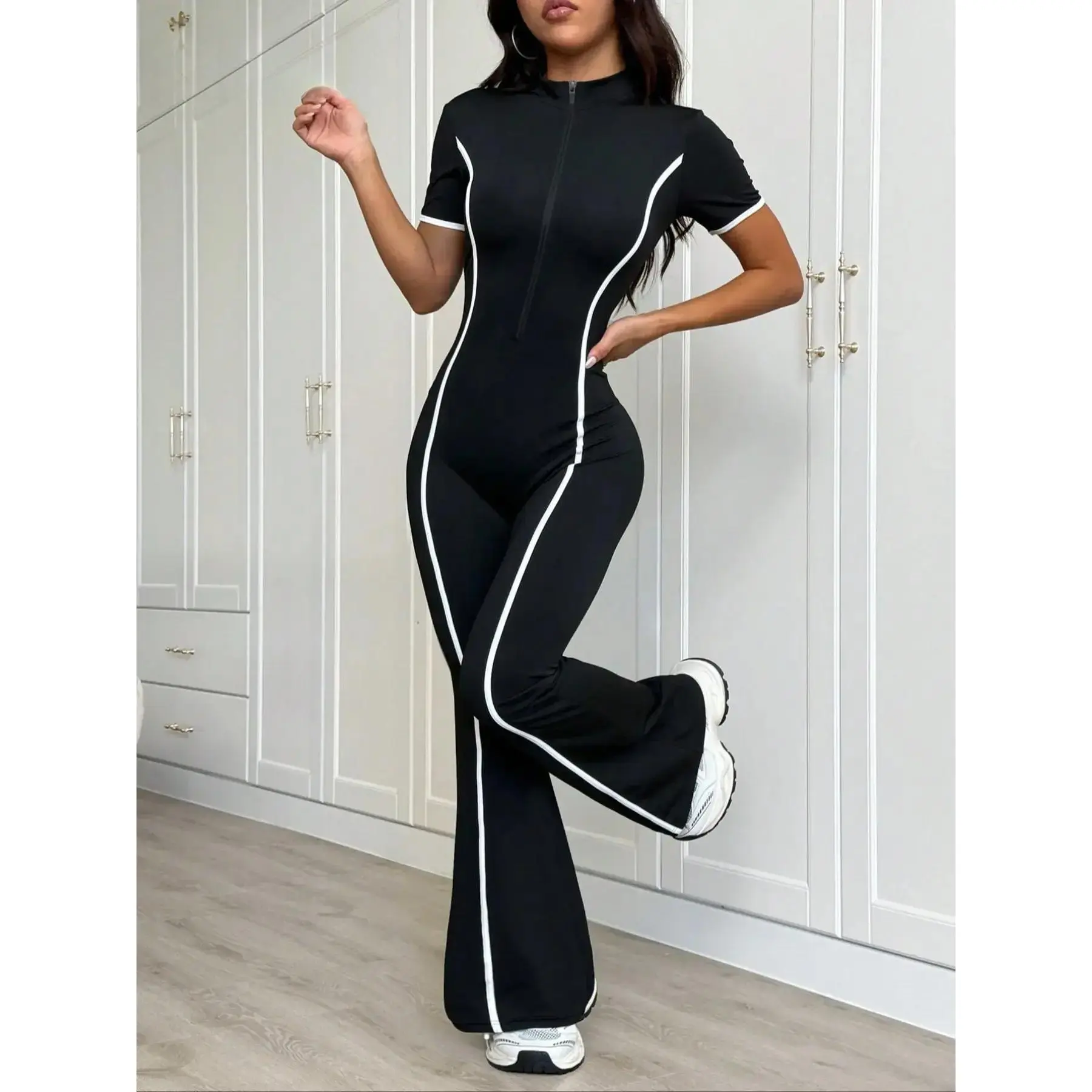 Women's Colorblock Zipper Fall Winter Fleece Lined Knit Yoga Jumpsuit, Workout Jumpsuits, Activewear Jumpsuit, Long Sleeve Slim Fit Casual Fashion Clothes, Front Zip Jumpsuit