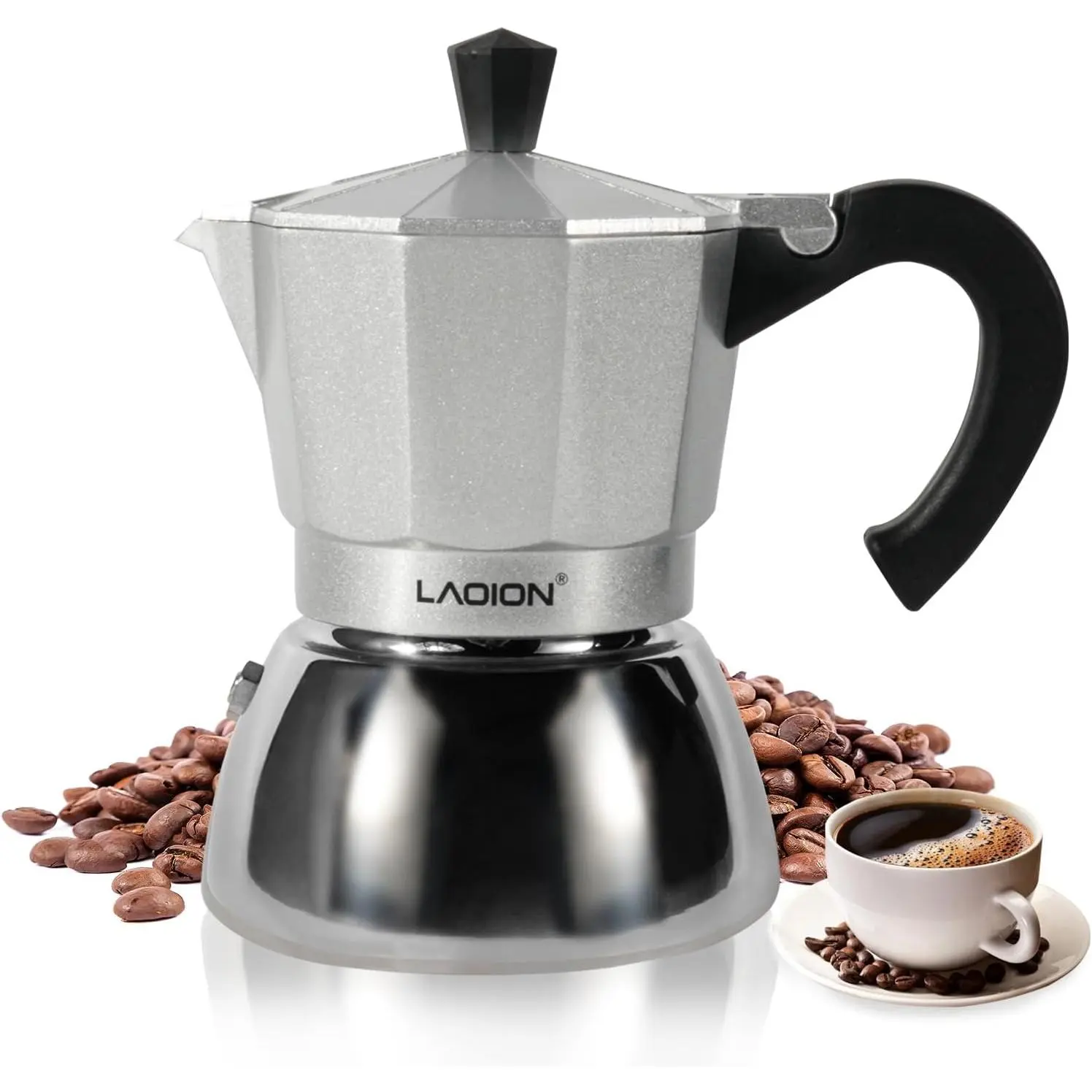 LAOION Stovetop Espresso Maker, 3Cup Moka Pot, Espresso Machine Compatible with Induction Cooktops, 150ml Stainless Steel & Aluminum Cuban Coffee Maker for Cafetera Cubana, Silver