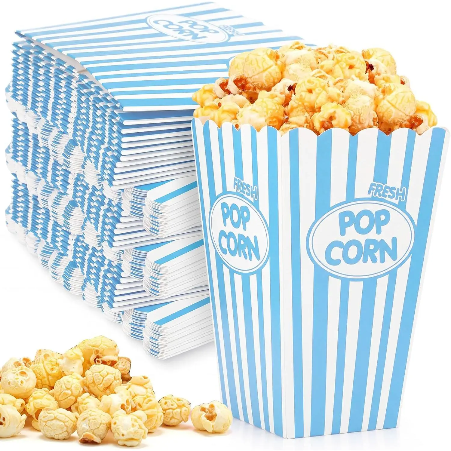 100 Pack Popcorn Boxes Classic Stripe Paper Popcorn Buckets Disposable Oil Proof Container  Retro Open Top Holders for Movie Night  Theater Carnival Party(Blue)