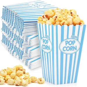 100 Pack Popcorn Boxes Classic Stripe Paper Popcorn Buckets Disposable Oil Proof Container  Retro Open Top Holders for Movie Night  Theater Carnival Party(Blue)