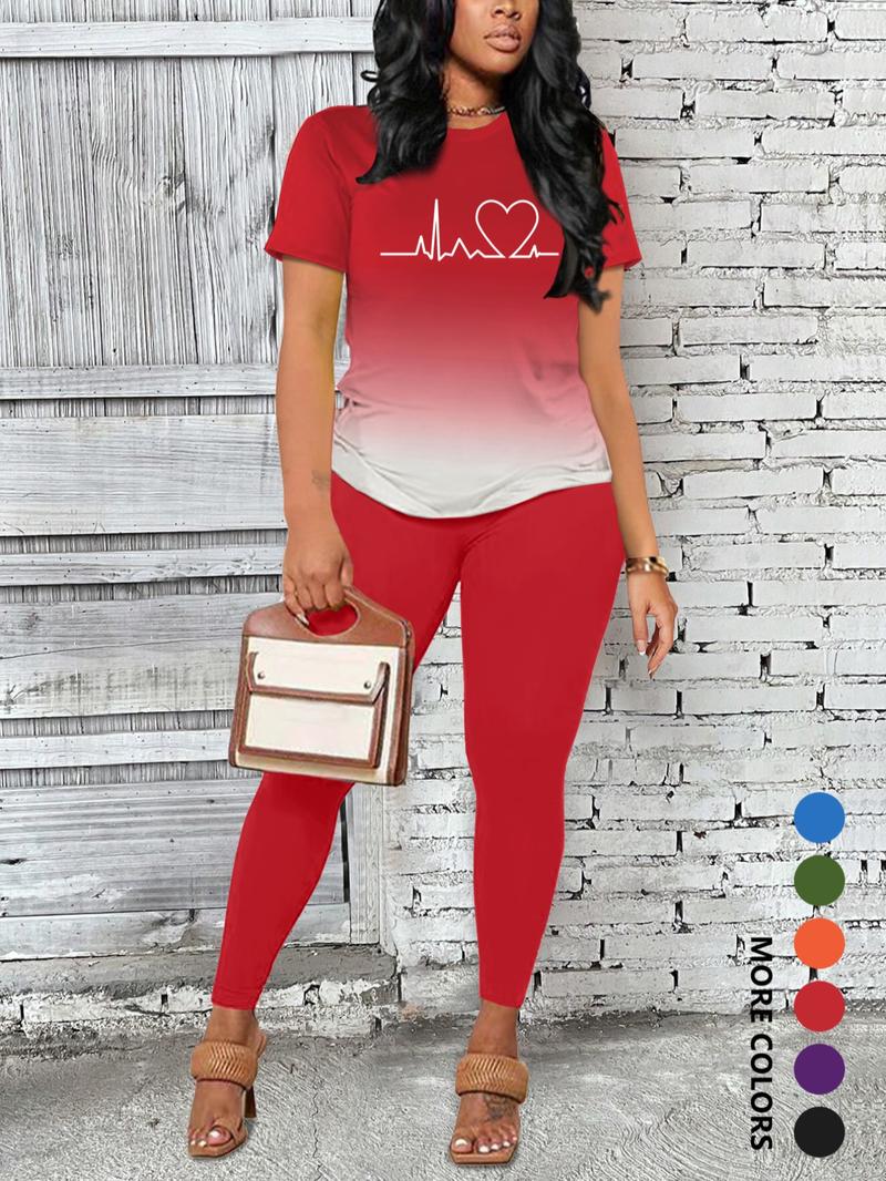 Women's Ombre Letter Print Short Sleeve Tee & Leggings Set, Casual Round Neck T-Shirt & Skinny Pants For Daily Wear, Ladies Two-Piece Outfits For All Seasons