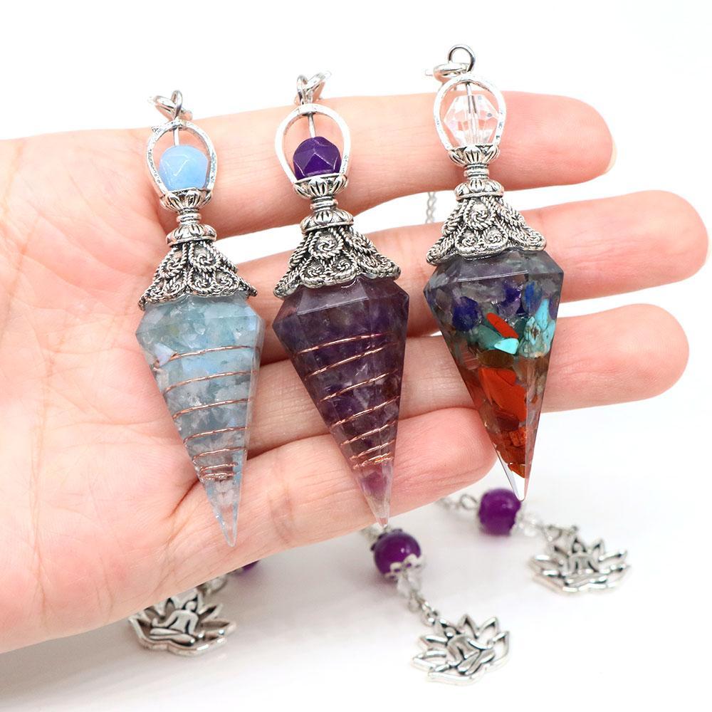 Natural Crystal Dowsing Pendulum Reiki Stone Chips Orgone Pendulums Hexagonal Pointed Reisin Spiritual Pendulo for Divination
