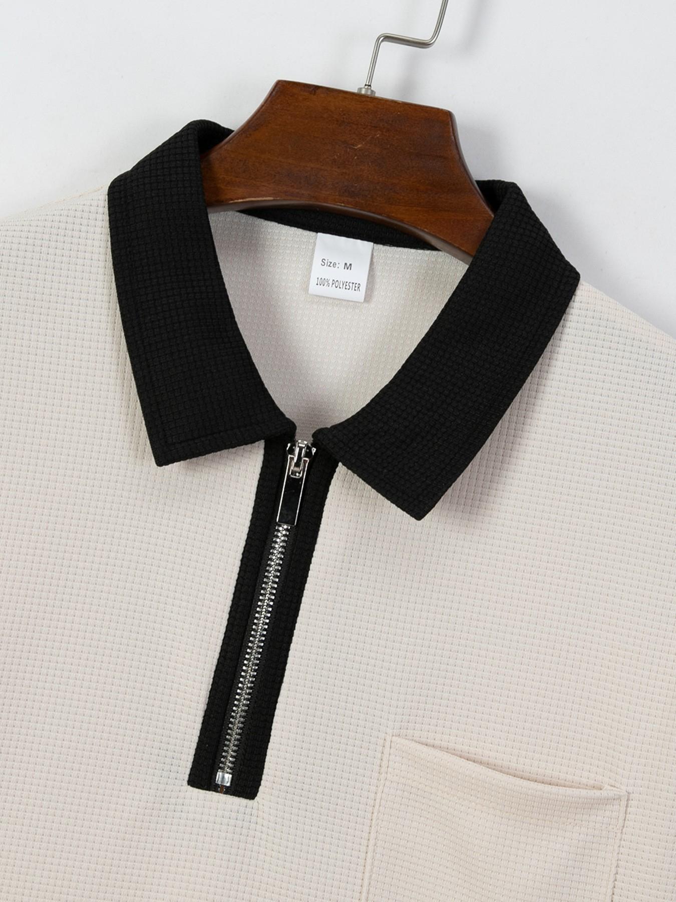 Men's Zip Up Polo Shirt Men's T- Shirt With Chest Pocket Contrast Collar Cuff Waffle Knit Breathable Lightweight Soft Comfortable Durable Casual Versatile Fashion For Young Adult Summer Daily Wear Commute Business