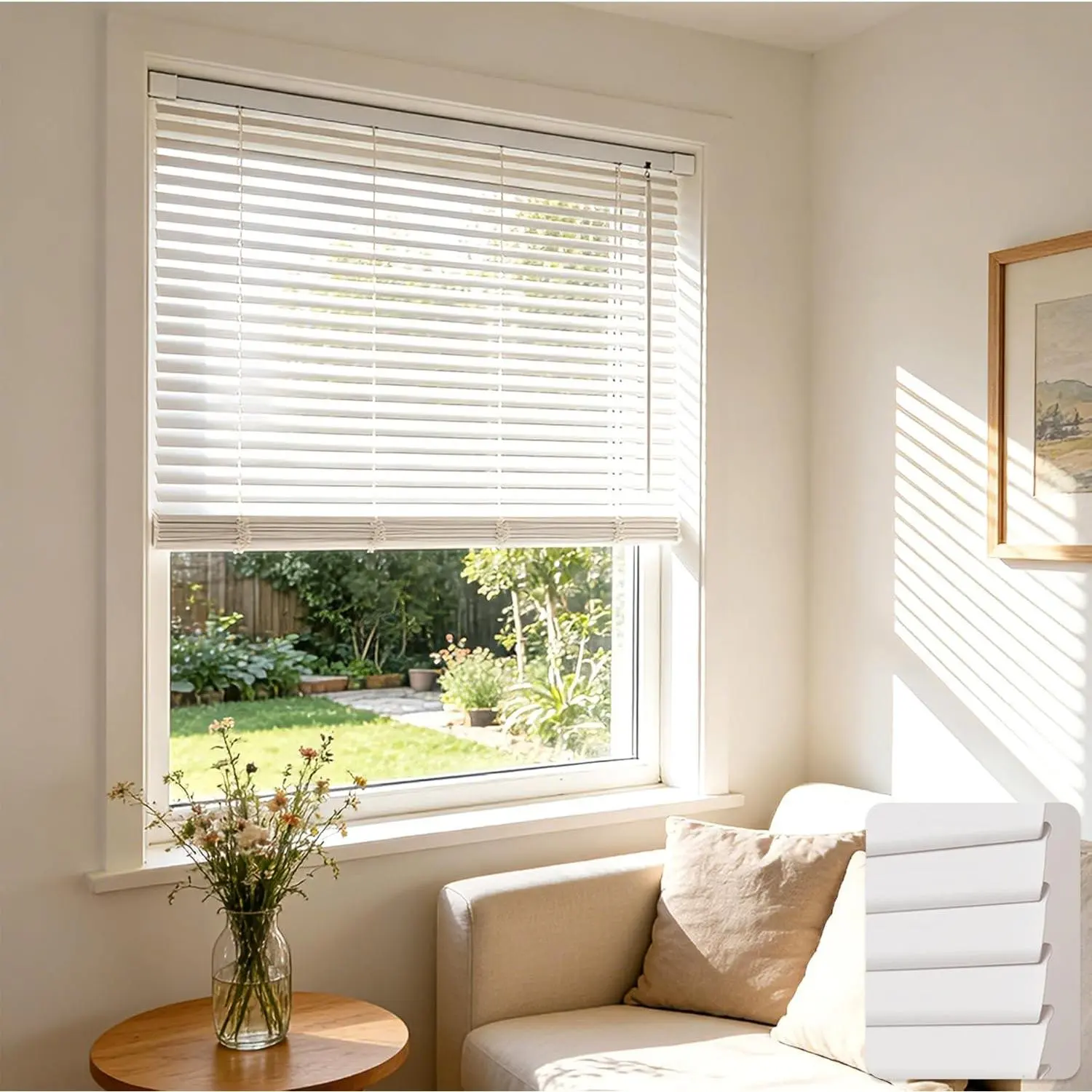 Cordless No Drill Room Darkening Venetian Mini Blinds, White 38"W x 50"H, 1" L-Shaped PVC Slats, Enhanced Privacy, Easy Install, Waterproof, Includes Cleaning Sponge for Indoor Use