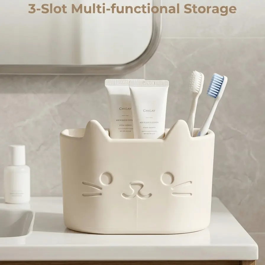 1pc Cat Three-Hole Toothbrush Holder, Multi-Functional Toothpaste Rack, Bathroom Accessory, Home Decor, Furniture, Toothbrush Organizer
