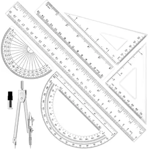 7Pcs Geometry Math Drawing Drafting Kit with 12Inch & 6Inch Clear Plastic Rulers, Triangle Ruler, Protractor, Compass for School Office Engineering Architecture Art