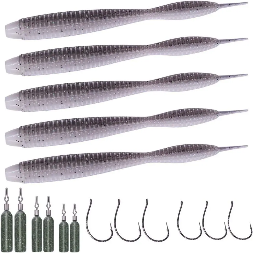 Drop-Shot-Rigs-for-Bass-Fishing-Soft-Plastic-Lures-Worm Fishing Hooks, 4 inch Rubber Worms, Wacky Worms, Straight Tail Stick Baits -22  Kit with 10 Bodies, 6 Hooks, 6 Weights