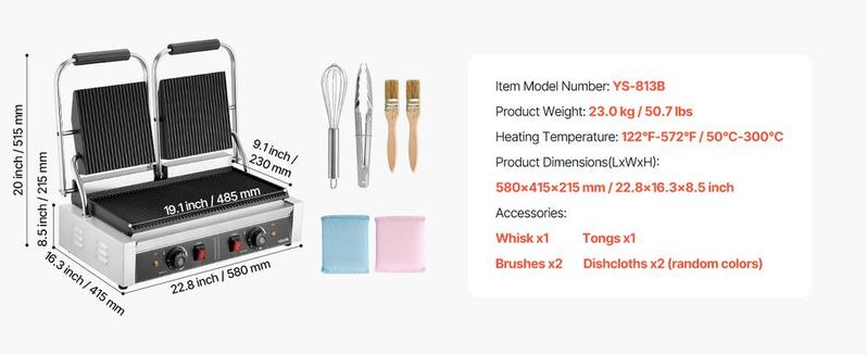 Commercial Panini Grill, 3600W Electric Sandwich Panini Maker, Stainless Steel Double Sandwichs Press with Handle and Temp Control, 19x9 in Full Grooved Enamel Plate, for Hamburger Steak Bacon