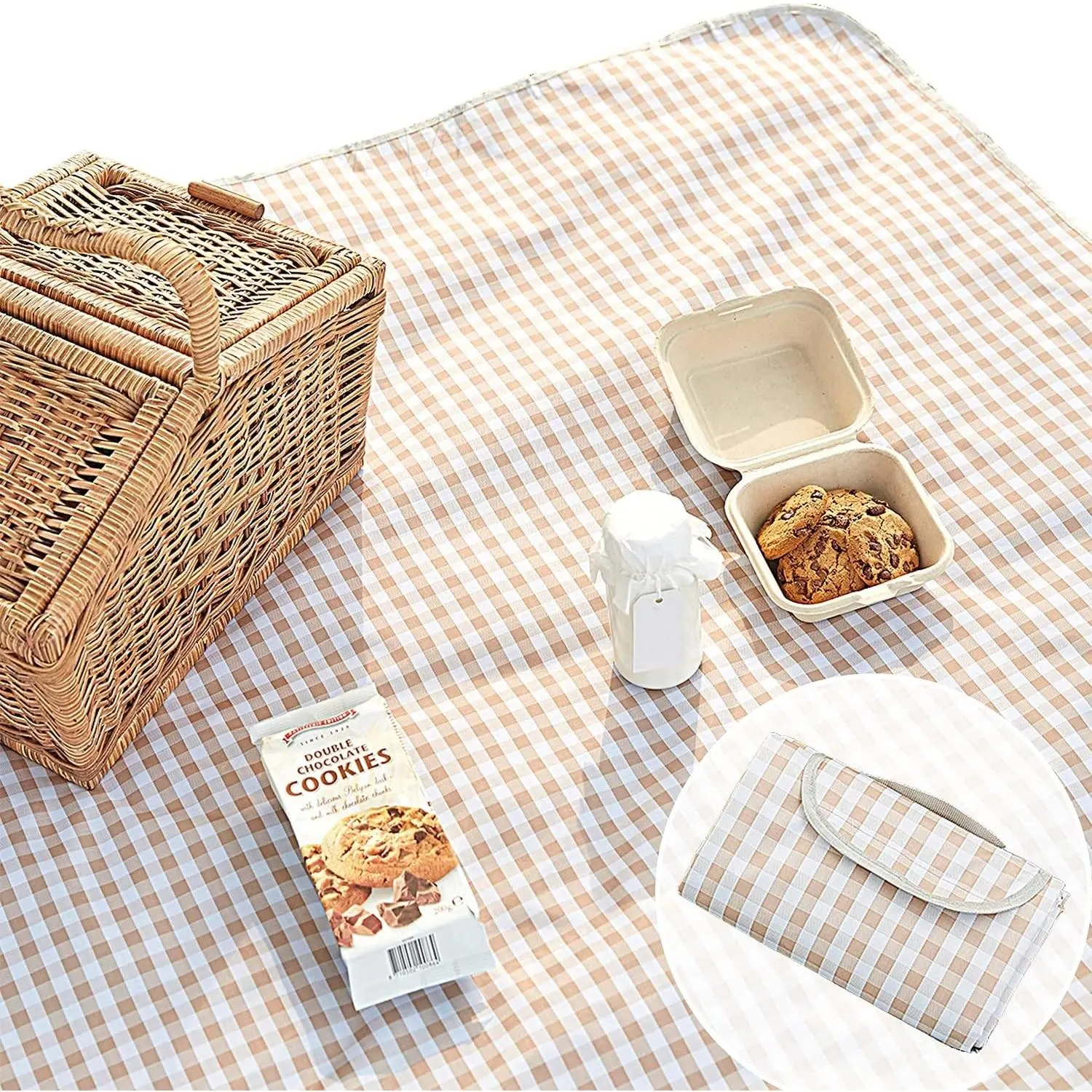 Cute Gingham Picnic Blanket, Waterproof Foldable, in Large 80x60in and Extra Large 80x80in, Portable Compact Beach Blanket, Oversized XL Outdoor Mat (Tan, X-Large)Gift.