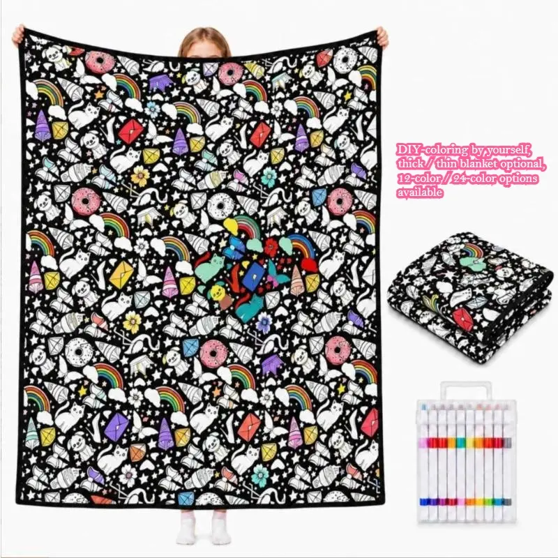 Adult DIY Coloring Blanket, 50×60CM, Washable Velvet Doodle Throw Blanket, Comes with 12 Markers, Home‑Decor Leisure Handmade Blanket