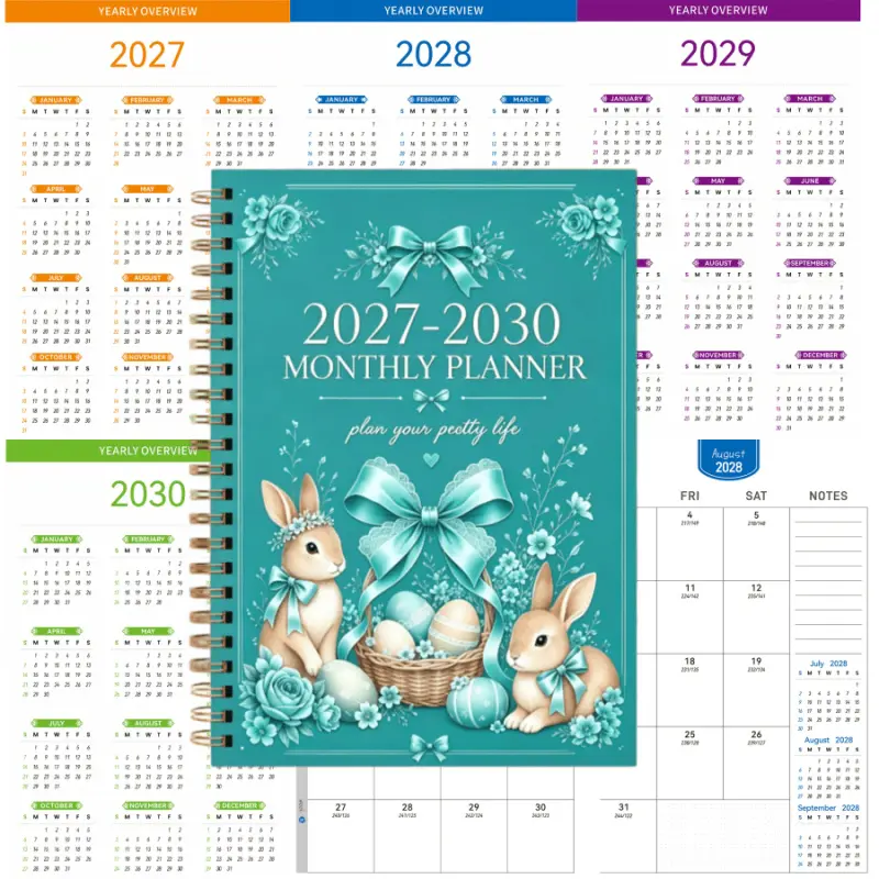 2027-2030 Monthly Planner Book, A5 size with 124 pages of high-quality paper, gradient-colored inner pages, Easter-themed small illustrations, monthly labels, portable annual planner