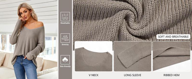 PASLTER Women's V Neck Long Sleeve Knit Loose Oversized Pullover Sweater Top