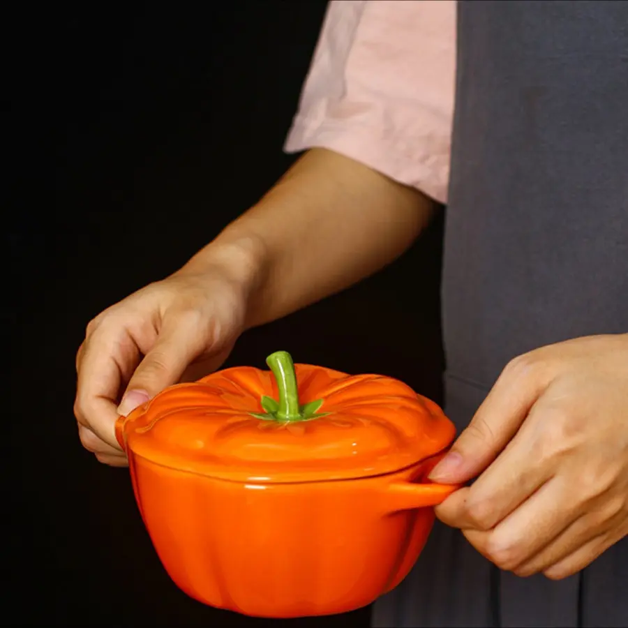 Friday Special! 50 Oz Generous Capacity Ceramic Pumpkin Dutch Oven Pot with Lid, Heat Resistant Handles, Gas Microwave Dishwasher Safe, Halloween Christmas Party Dessert