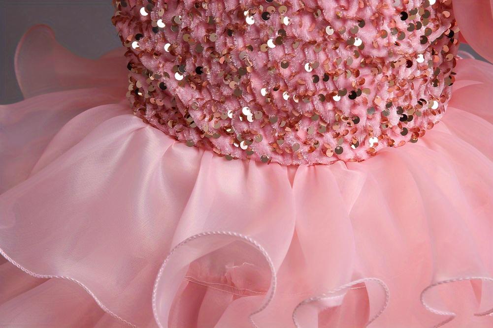 Girls Sparkling Sequin Princess Dress Puff Sleeves Halloween Christmas Dance Performances Formal Dresses for Youngsters Stage Performance Skirt with Positioning Holes