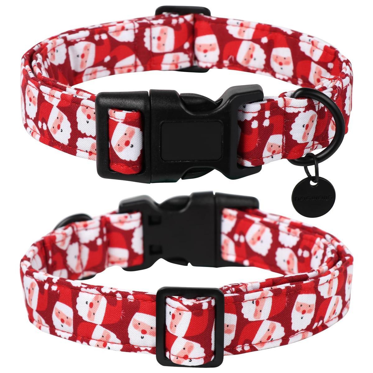 Christmas Cotton Dog Collar Red Santa Claus Design Durable Holiday Pet Collars for Medium Large Dogs with Quick-Release Buckle and D-Ring - Harnesses