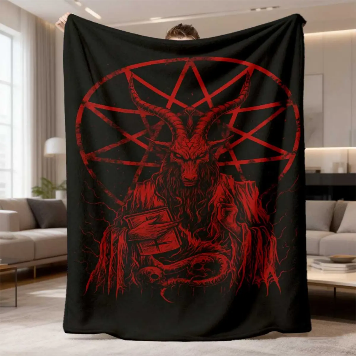 Baphomet Goat Head Inverted Pentagram Red Distressed Print Black Background Flannel Throw Blanket Occult Gothic Dark Warm Blanket Gift Fans All Ages