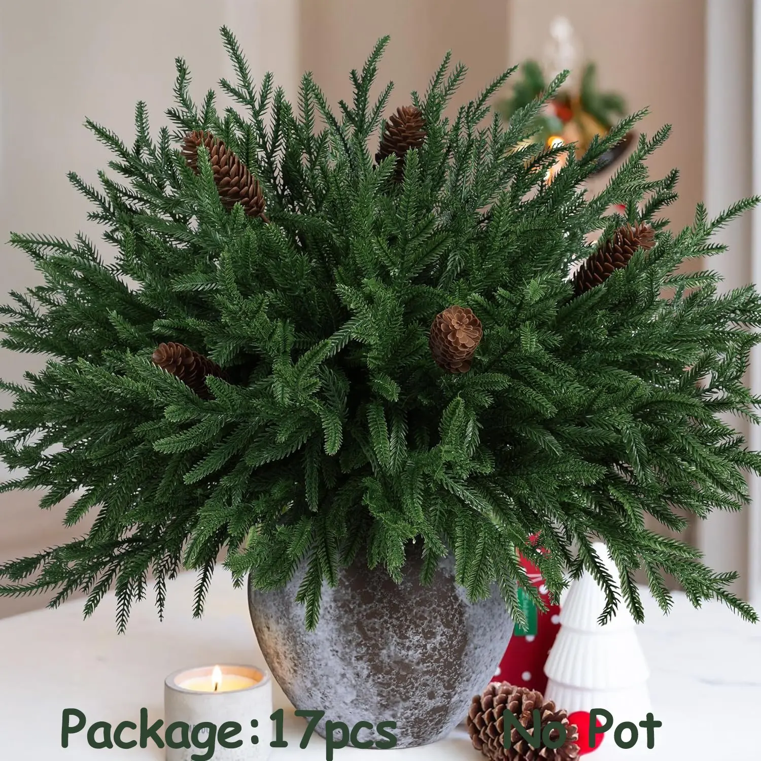 12 Christmas Norfolk Spruce Stems, Artificial DIY Plant Stems, Outdoor Fake Plants, Decorative Fake Plant, Indoor Outdoor Home Garden Decoration, 5 Large Cones Included