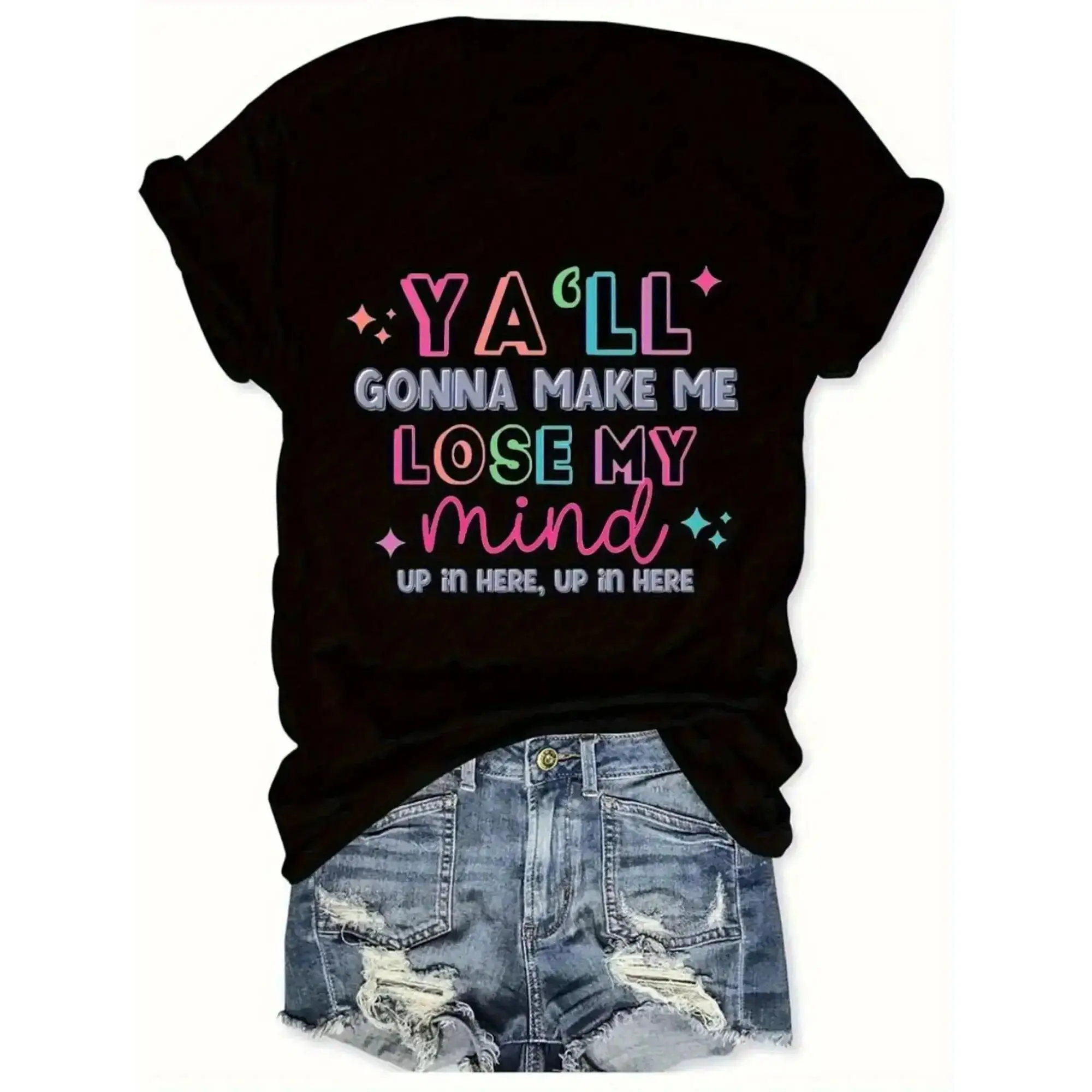 Women's Funny Teacher & Mom Life T-Shirt - "You Make Me Crazy" Slogan,  Short Sleeve Round Neck Top - Loose Fit Casual Shirt for Moms, Teachers, Events & Daily Wear (Black)